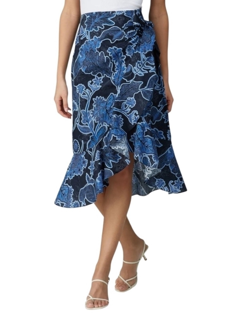 Parker Drew skirt marine safari blue floral faux wrap knee length bow ruffle